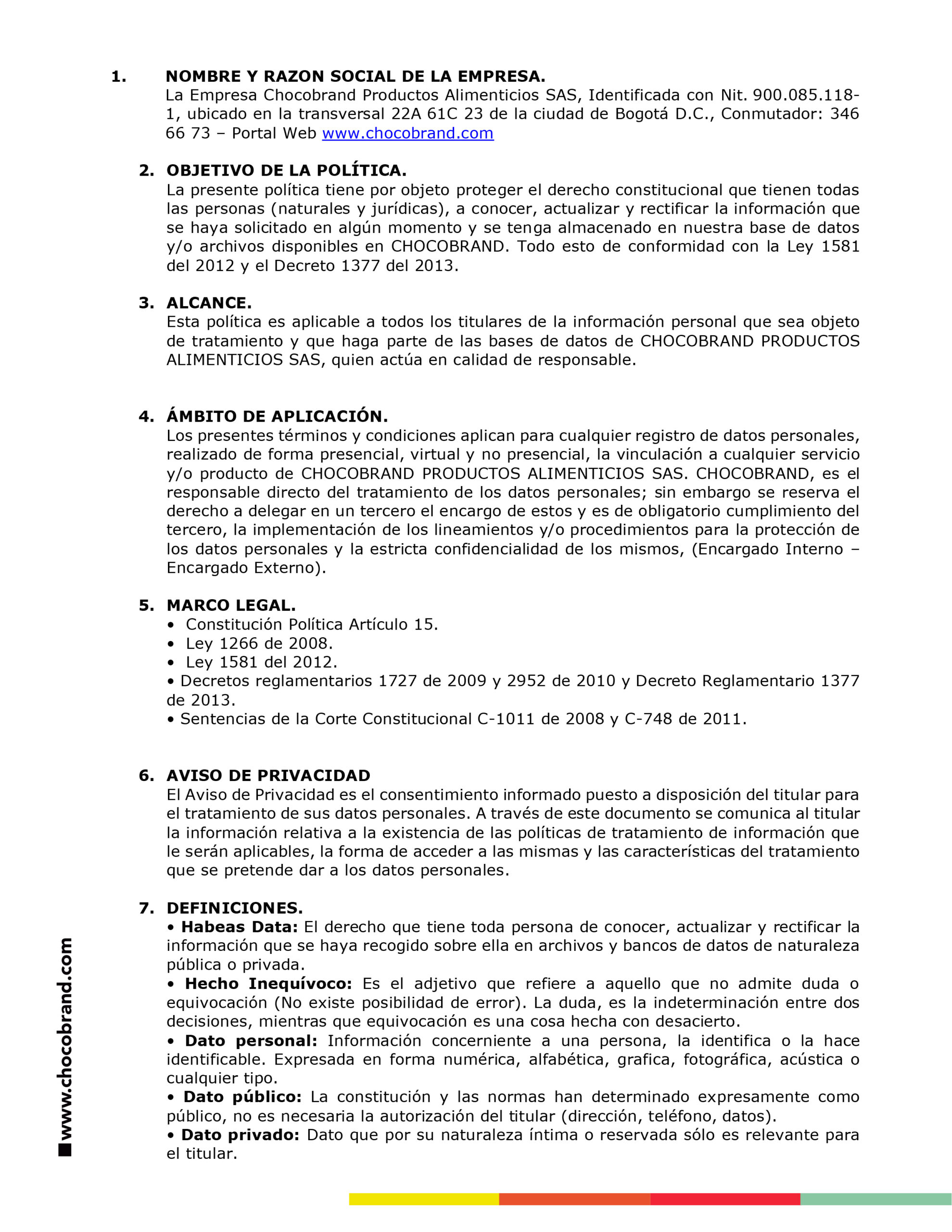 Politica de tratamiento de datos personales chocobrand