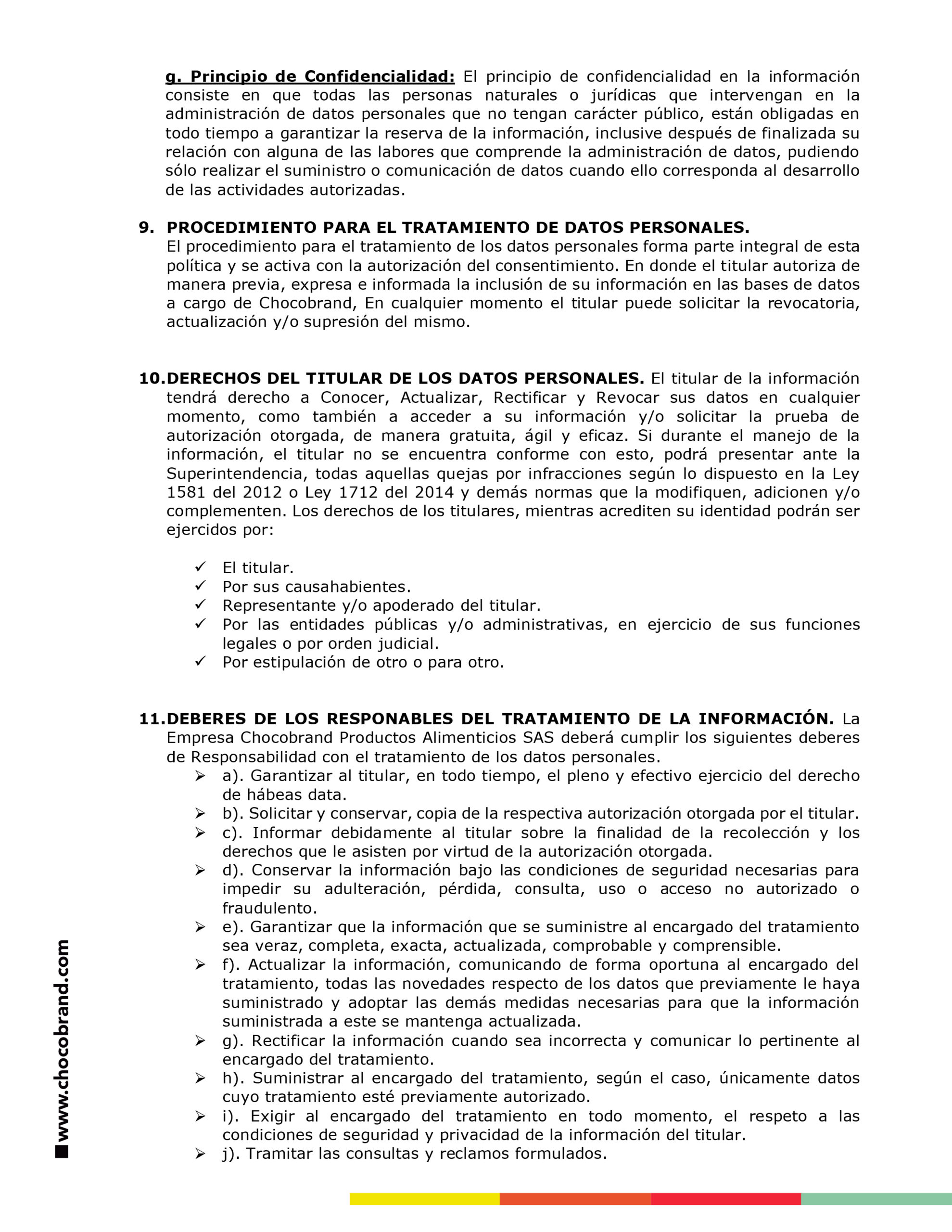 Politica de tratamiento de datos personales chocobrand