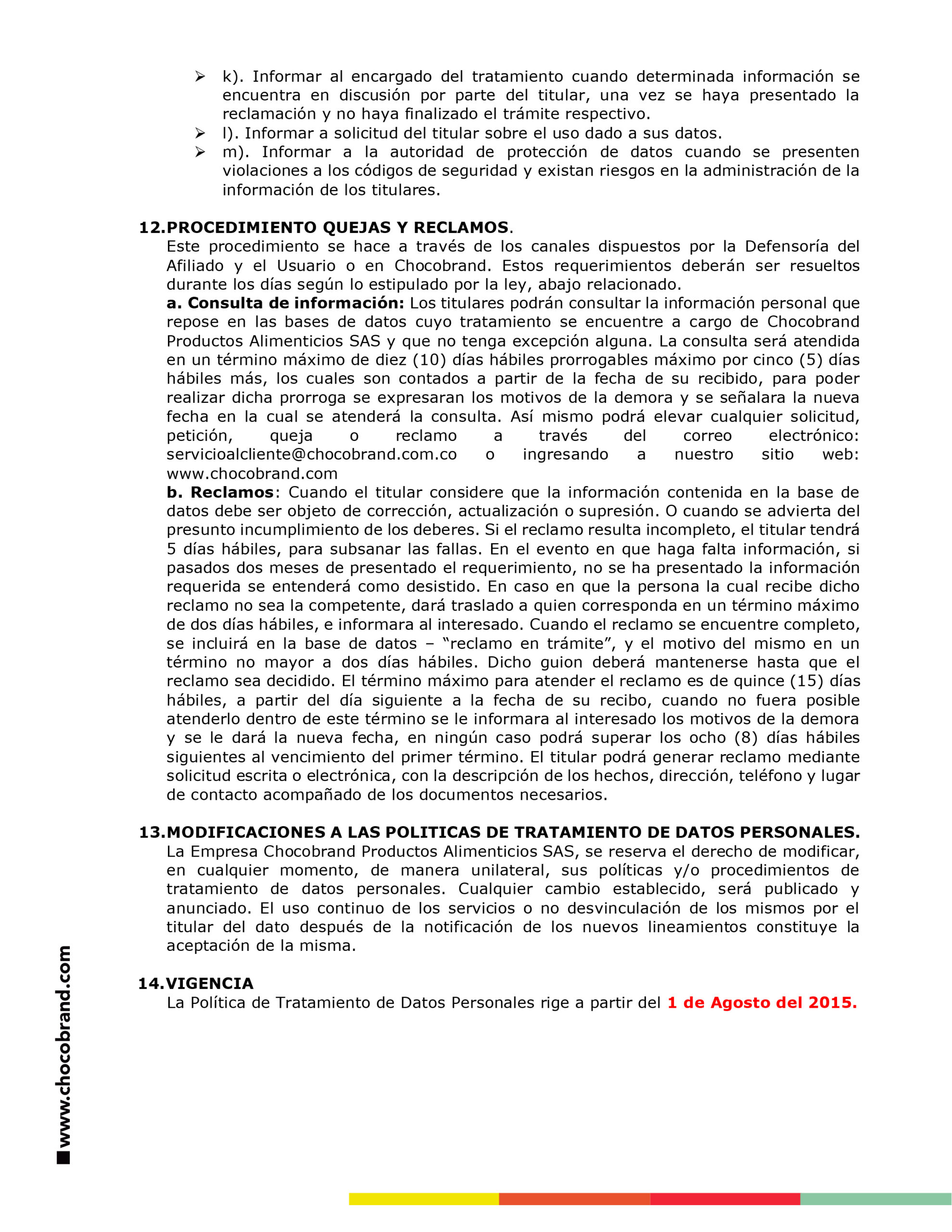 Politica de tratamiento de datos personales chocobrand